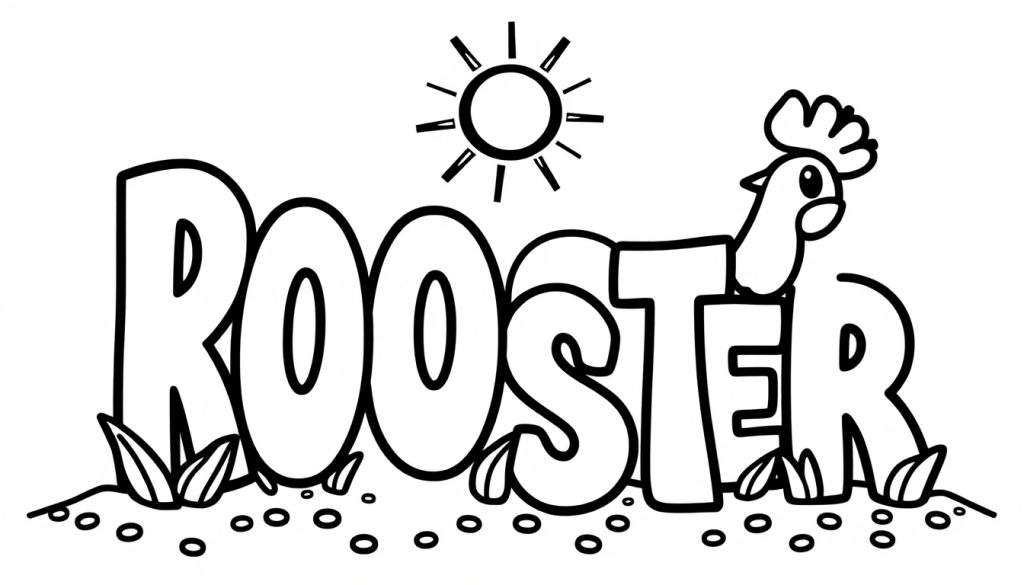 Een zwart-wit kleurplaat van het woord ROOSTER met een zon erboven en een haan op de letters.