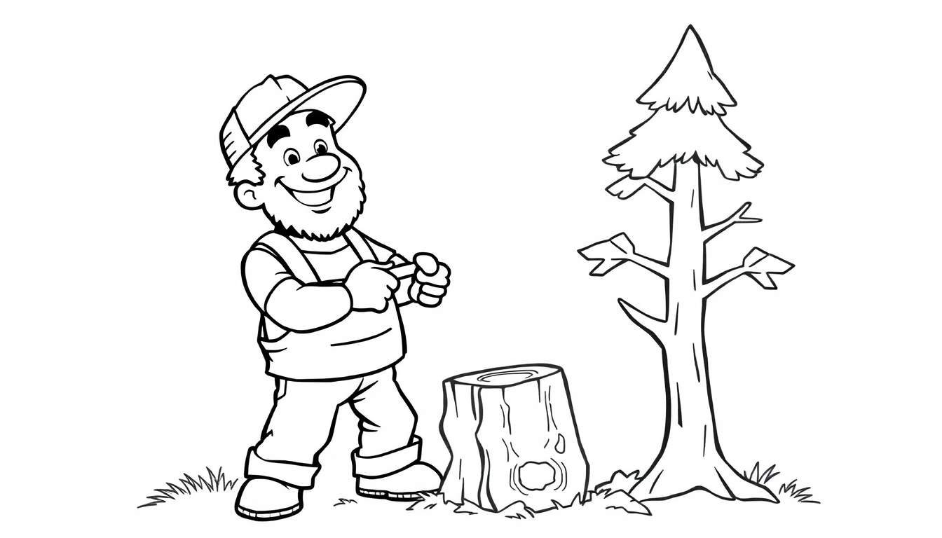 Vrolijke houthakker bij een boomstronk en een boom, klaar om te kleuren als kleurplaat.
