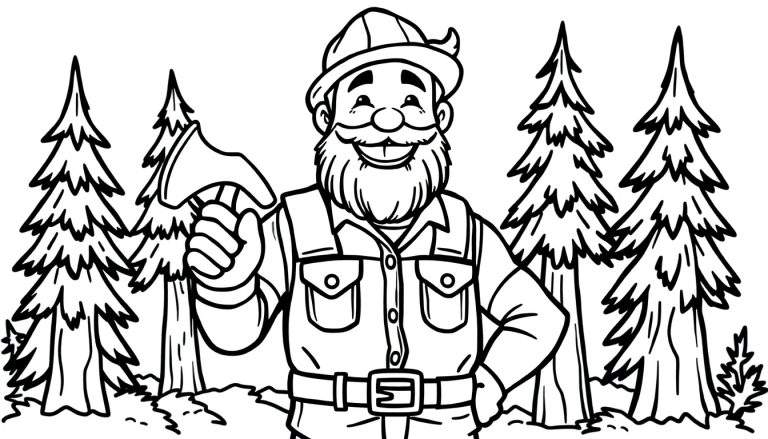 Een vriendelijke cartoon houthakker met baard en bijl, staand in een bos, klaar om te kleuren als een kleurplaat.