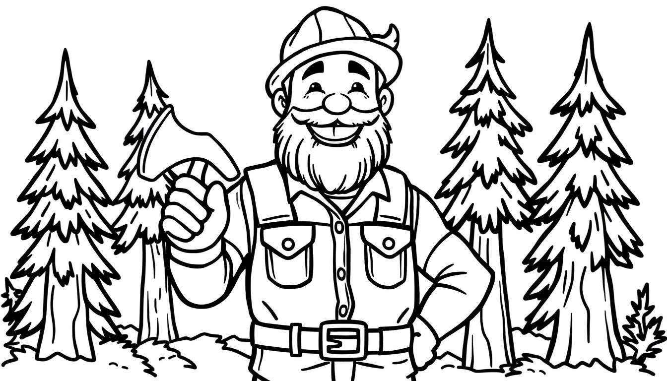 Een vriendelijke cartoon houthakker met baard en bijl, staand in een bos, klaar om te kleuren als een kleurplaat.