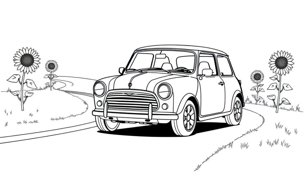 Zwart-wit kleurplaat van een Mini Cooper op een landweggetje met zonnebloemen.