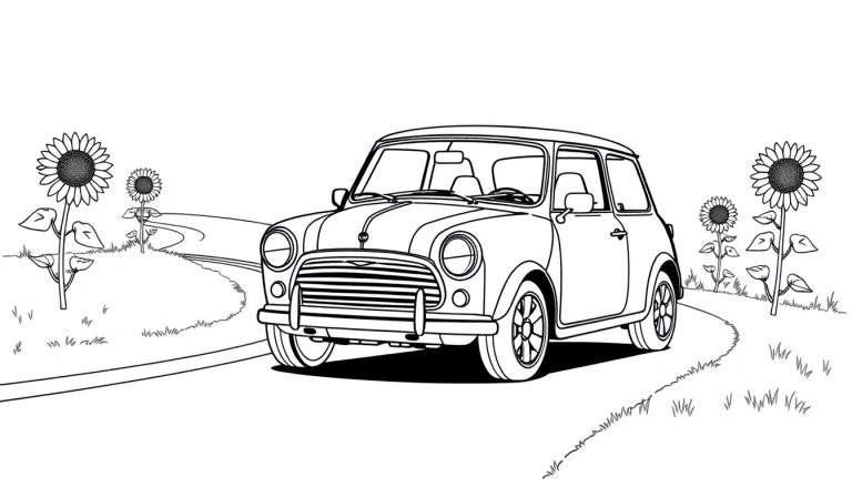 Zwart-wit kleurplaat van een Mini Cooper op een landweggetje met zonnebloemen.