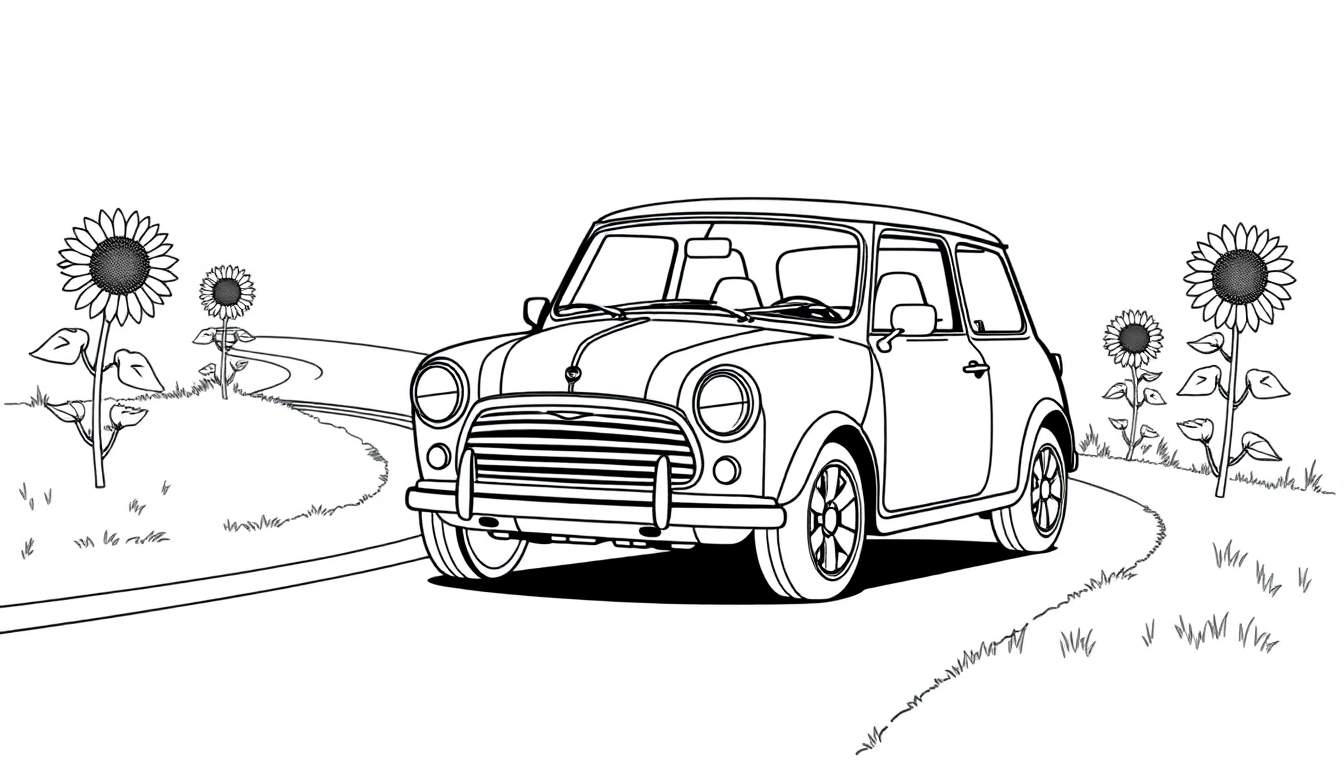 Zwart-wit kleurplaat van een Mini Cooper op een landweggetje met zonnebloemen.