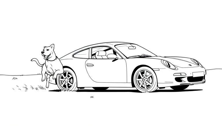 Zwart-wit kleurplaat van een Porsche met een hond die erop springt.