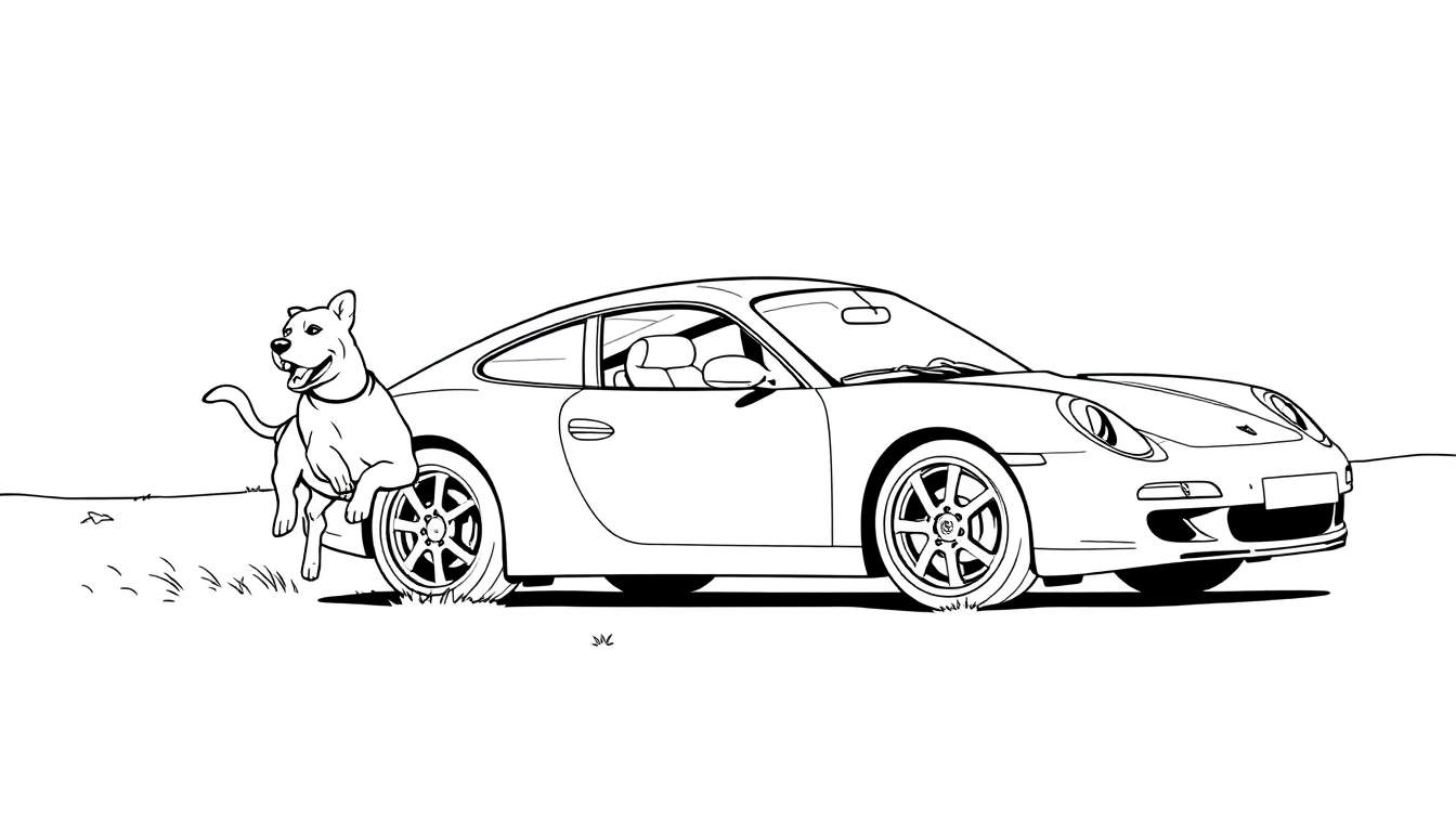 Zwart-wit kleurplaat van een Porsche met een hond die erop springt.