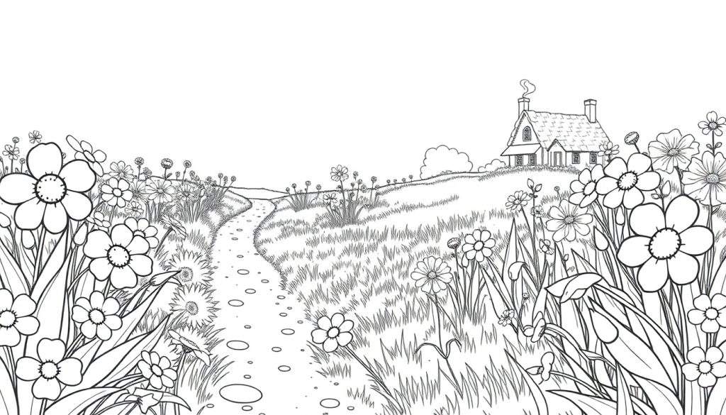 Een zwart-witte kleurplaat van een landschap met een pad naar een huis op een heuvel, omringd door bloemen.