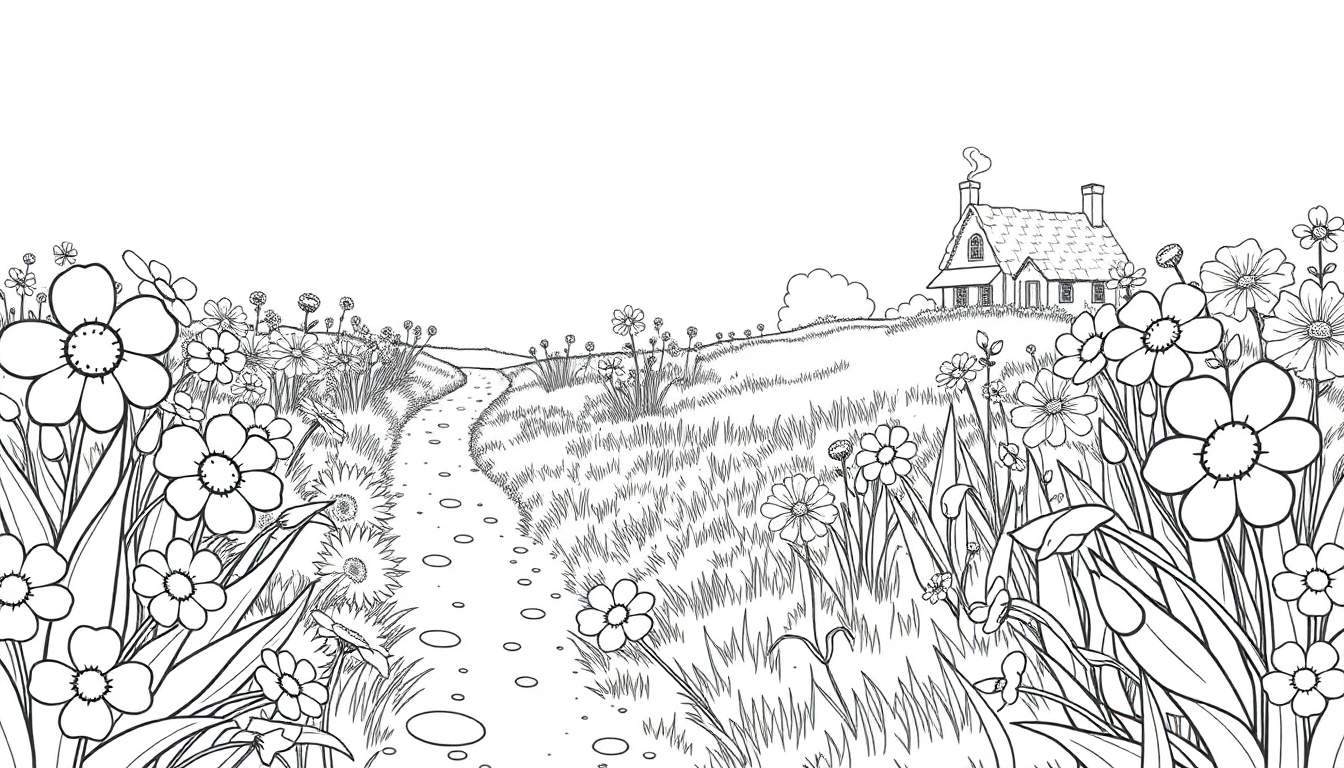 Een zwart-witte kleurplaat van een landschap met een pad naar een huis op een heuvel, omringd door bloemen.