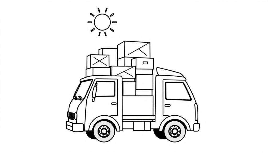 Kleurplaat van een Wolter Koops vrachtwagen vol met dozen, met een zonnetje erboven.