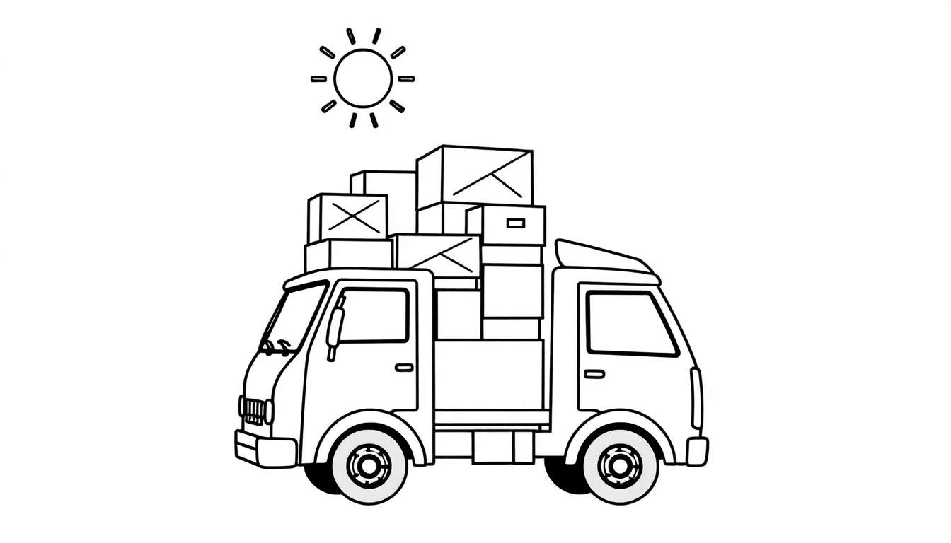 Kleurplaat van een Wolter Koops vrachtwagen vol met dozen, met een zonnetje erboven.