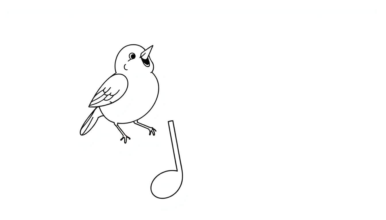 Kleurplaat van een zingende vogel met een muzieknoot.