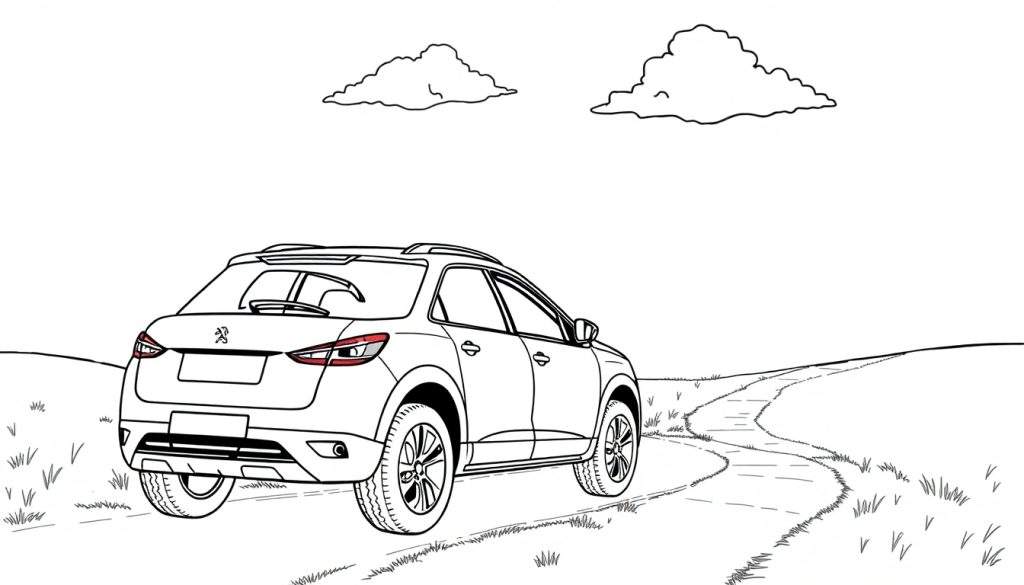 Een simpele kleurplaat tekening van een witte Peugeot SUV op een onverharde weg in een graslandschap.