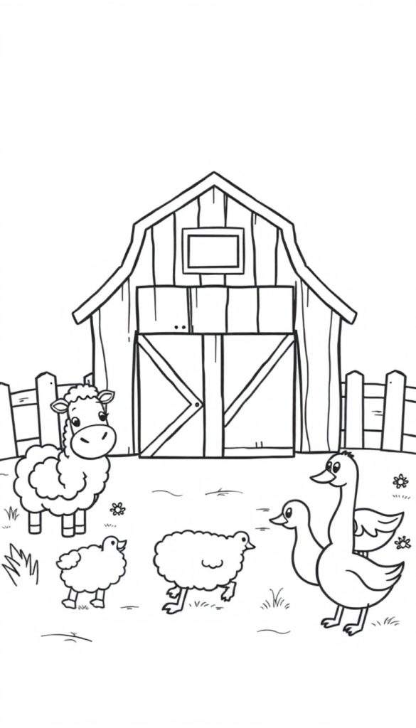 Kleurplaat van een boerderij met schapen en ganzen.