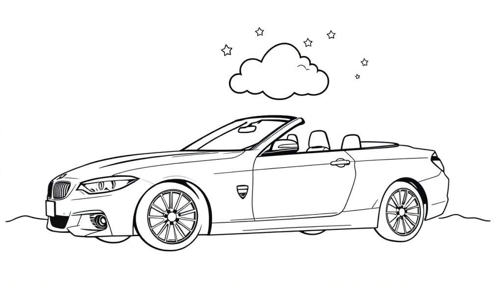 Kleurplaat van een BMW cabriolet met een wolk en sterretjes erboven.