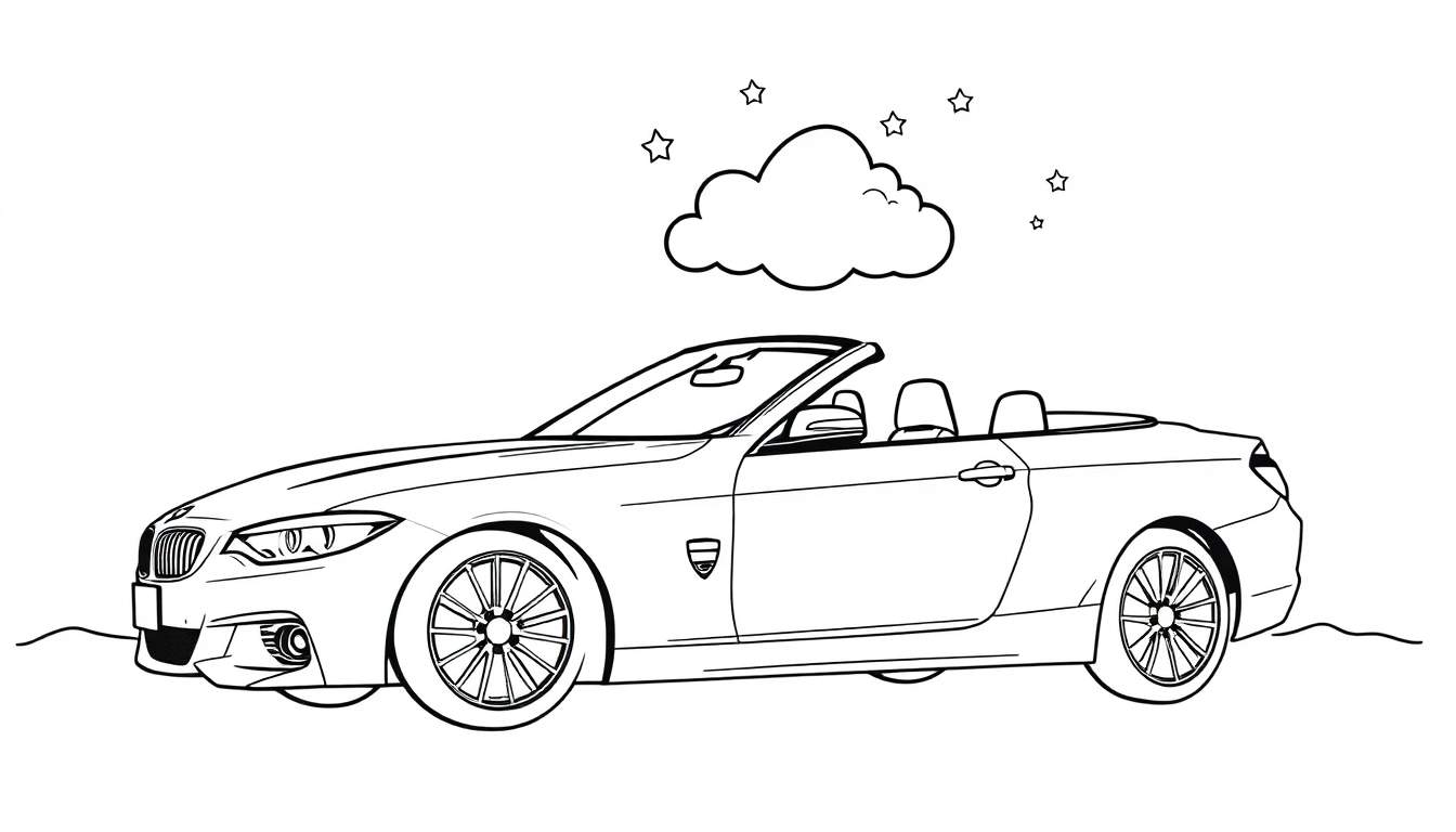 Kleurplaat van een BMW cabriolet met een wolk en sterretjes erboven.