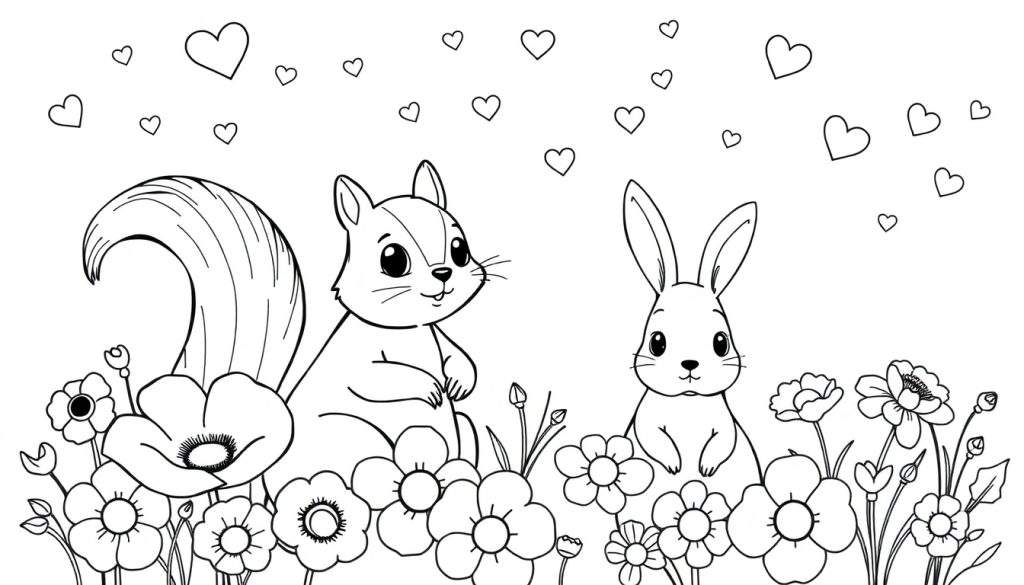 Zwart-wit kleurplaat van een schattige eekhoorn en een konijn die in een bloemenveld zitten, met harten in de lucht.