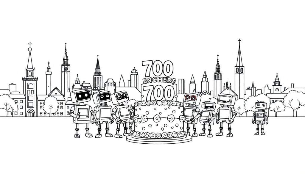 Kleurplaat van een Enschede skyline met robots en een taart.