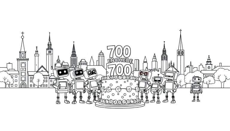 Kleurplaat van een Enschede skyline met robots en een taart.