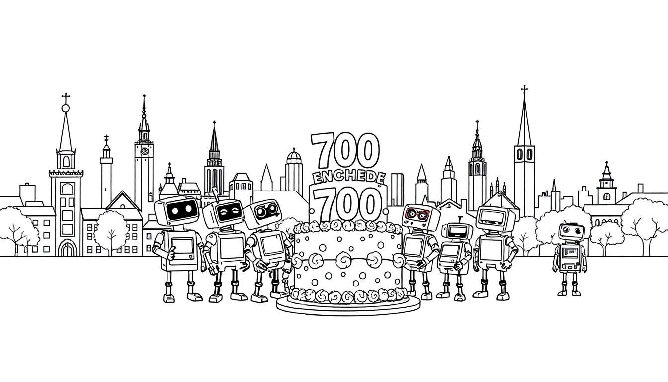 Kleurplaat van een Enschede skyline met robots en een taart.