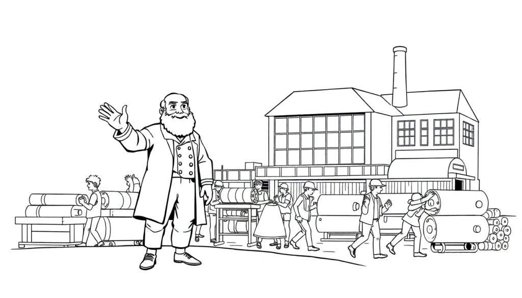 Een zwart-wit kleurplaat van een fabriek met een man die groet.