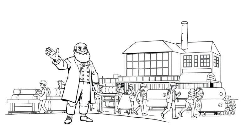 Een zwart-wit kleurplaat van een fabriek met een man die groet.