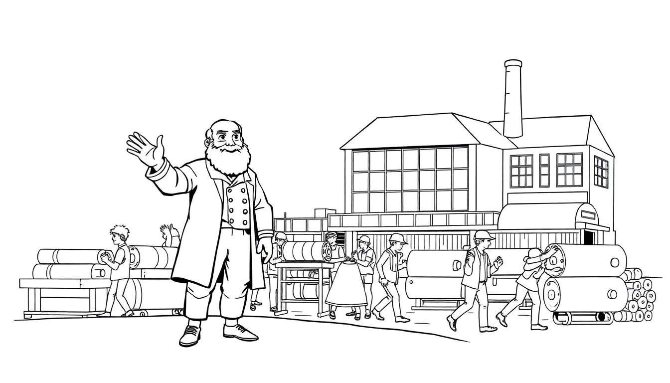 Een zwart-wit kleurplaat van een fabriek met een man die groet.