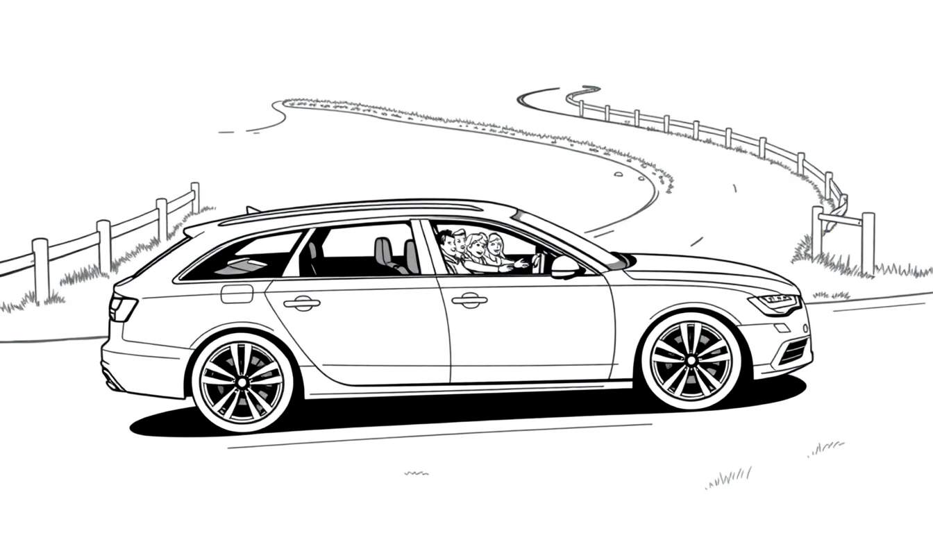 Zwart-wit kleurplaat van een Audi A6 stationwagen op een kronkelende weg met een gezin.