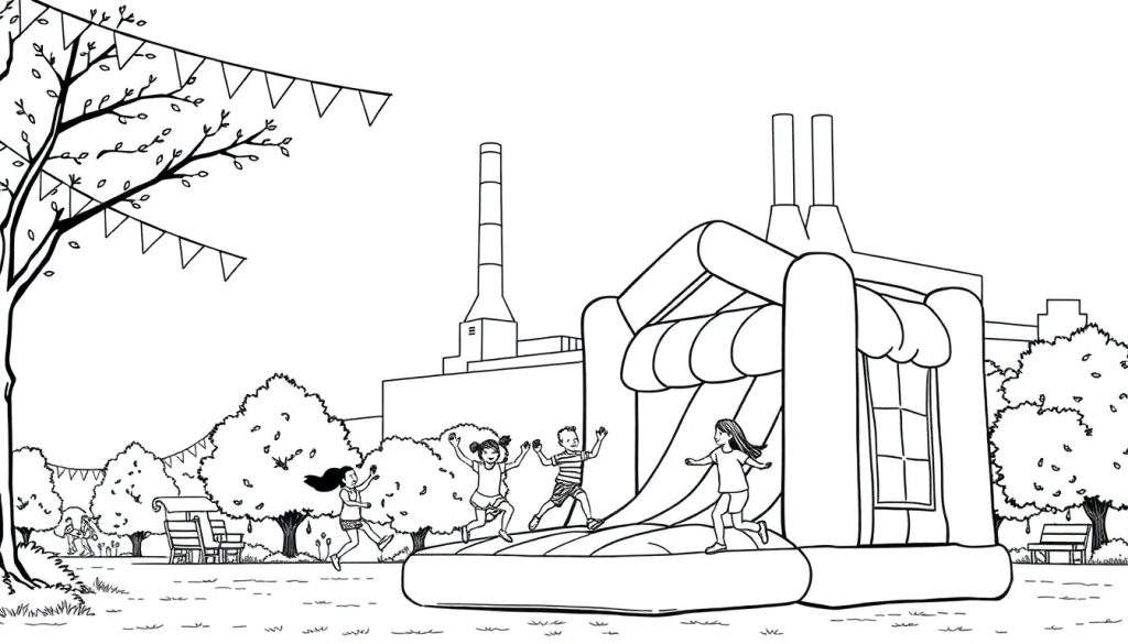 Kleurplaat: kinderen springen vrolijk op een springkussen met een glijbaan in een park, op de achtergrond een textielfabriek met schoorstenen.