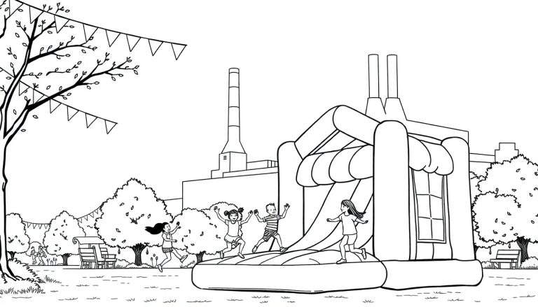 Kleurplaat: kinderen springen vrolijk op een springkussen met een glijbaan in een park, op de achtergrond een textielfabriek met schoorstenen.