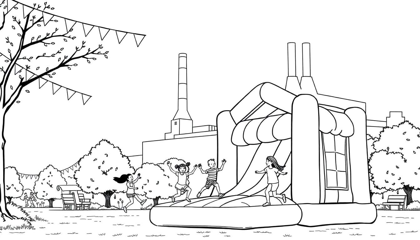 Kleurplaat: kinderen springen vrolijk op een springkussen met een glijbaan in een park, op de achtergrond een textielfabriek met schoorstenen.
