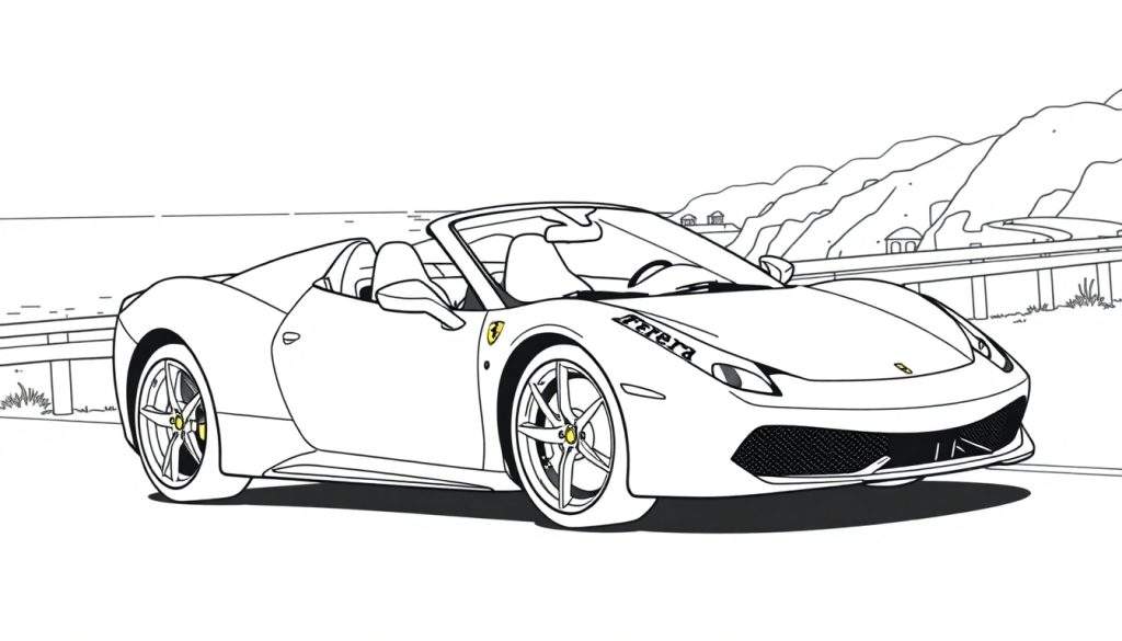 Gestileerde zwart-wit tekening van een Ferrari 458 Spider als kleurplaat in een kustlandschap.