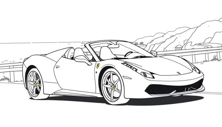 Gestileerde zwart-wit tekening van een Ferrari 458 Spider als kleurplaat in een kustlandschap.