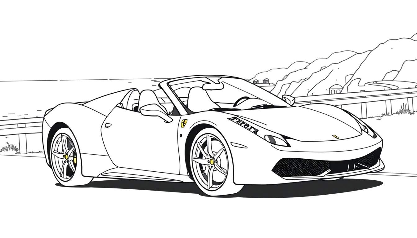 Gestileerde zwart-wit tekening van een Ferrari 458 Spider als kleurplaat in een kustlandschap.