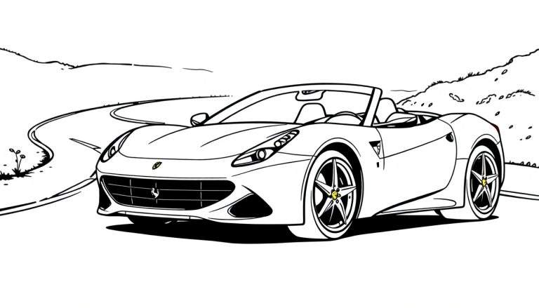 Zwart-wit kleurplaat van een Ferrari California T cabriolet die bochten neemt.