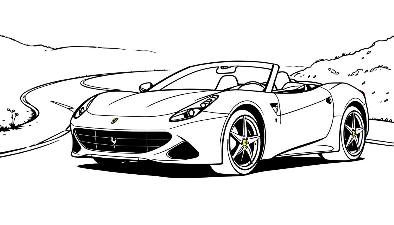 Zwart-wit kleurplaat van een Ferrari California T cabriolet die bochten neemt.