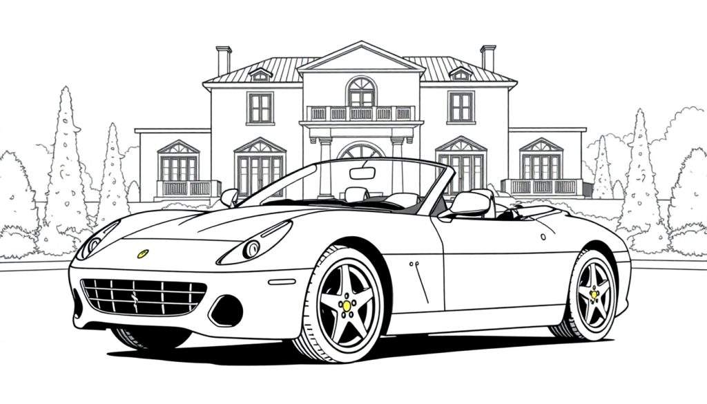 Zwart-wit kleurplaat van een Ferrari cabriolet.