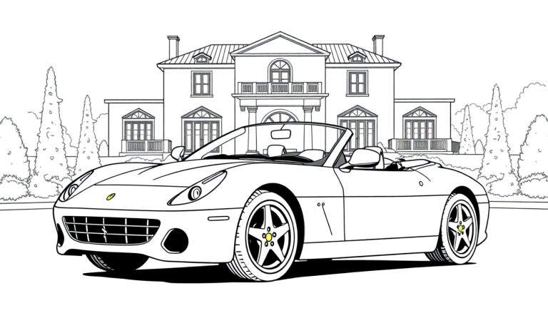 Zwart-wit kleurplaat van een Ferrari cabriolet.