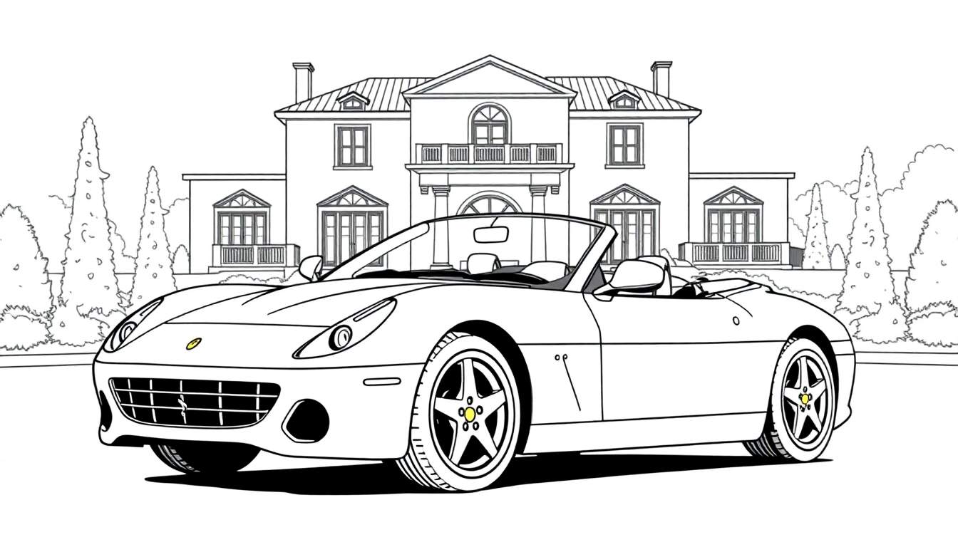 Zwart-wit kleurplaat van een Ferrari cabriolet.