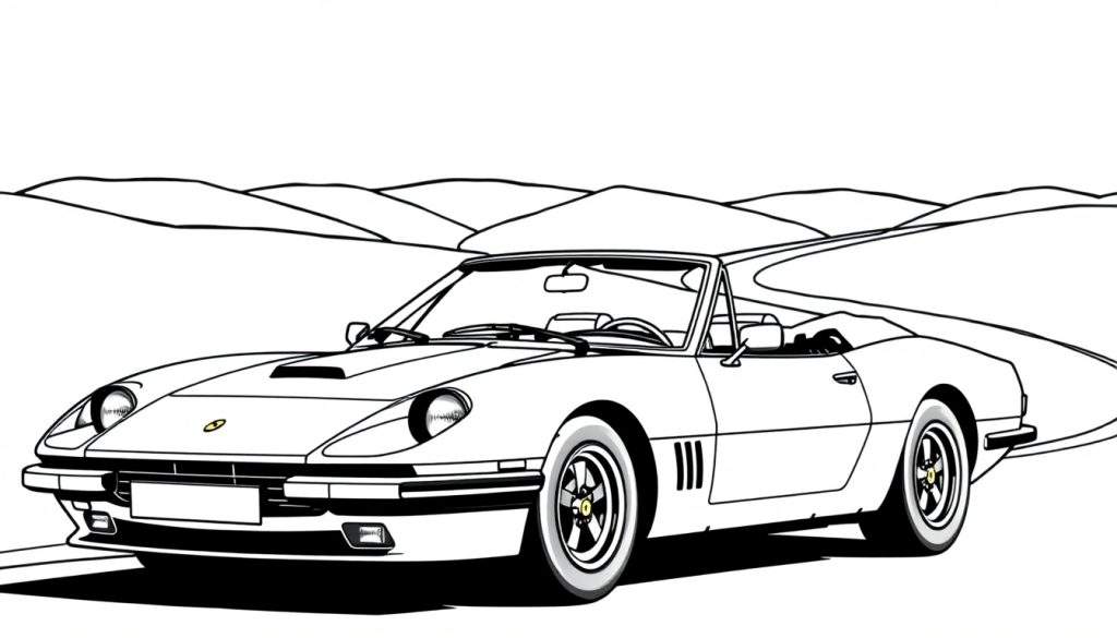 Zwart-wit kleurplaat van een Ferrari cabriolet met bergen op de achtergrond.