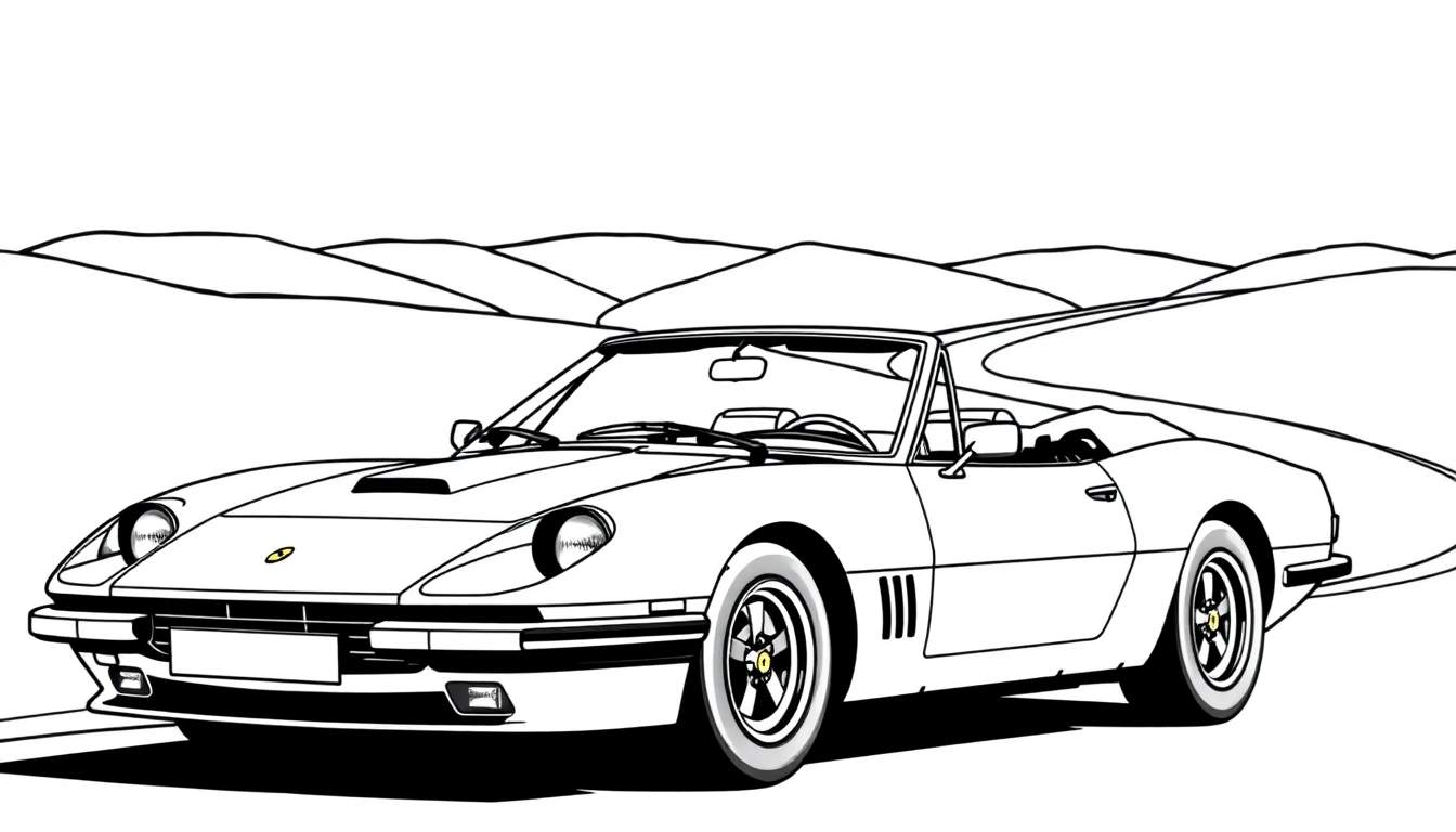 Zwart-wit kleurplaat van een Ferrari cabriolet met bergen op de achtergrond.