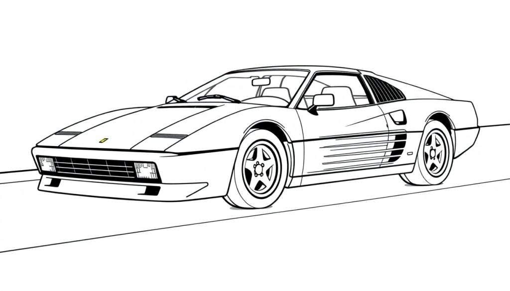 Kleurplaat van een Ferrari Testarossa in zwart-wit, van opzij gezien.