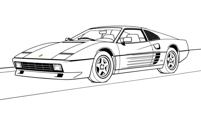 Kleurplaat van een Ferrari Testarossa in zwart-wit, van opzij gezien.