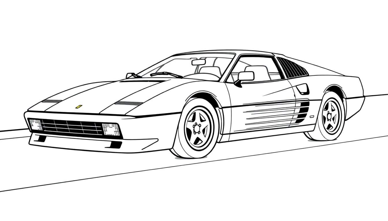 Kleurplaat van een Ferrari Testarossa in zwart-wit, van opzij gezien.