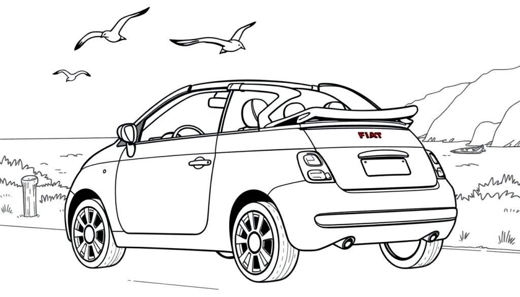 Zwart-wit kleurplaat van een Fiat 500 cabriolet met de achterkant naar de kijker, aan de kust met meeuwen.