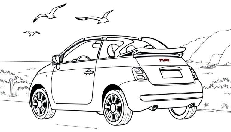 Zwart-wit kleurplaat van een Fiat 500 cabriolet met de achterkant naar de kijker, aan de kust met meeuwen.