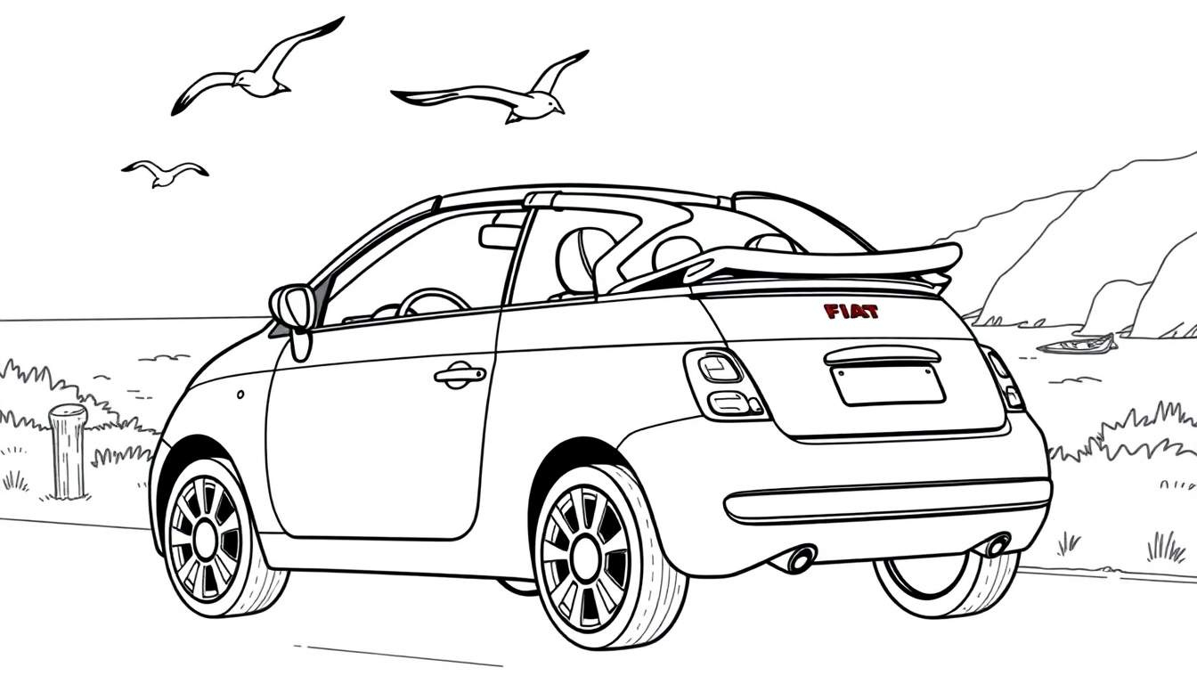 Zwart-wit kleurplaat van een Fiat 500 cabriolet met de achterkant naar de kijker, aan de kust met meeuwen.