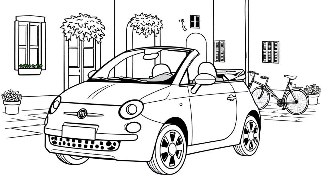 Kleurplaat van een Fiat 500 cabriolet in een Italiaanse straat.