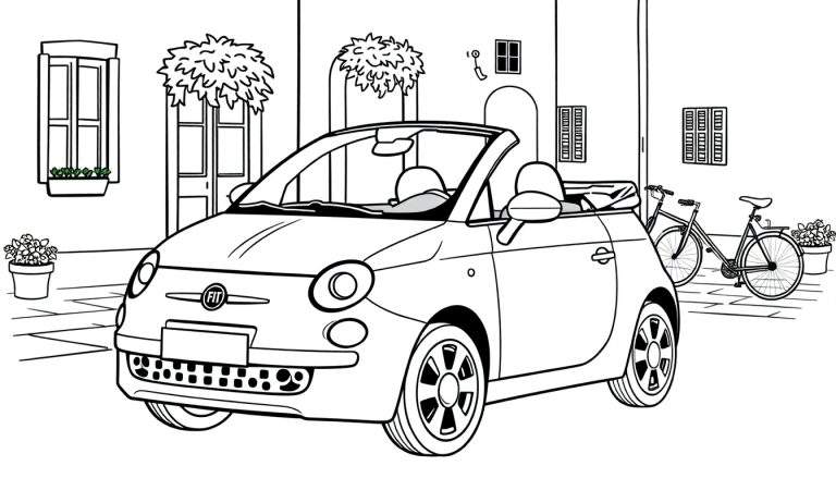 Kleurplaat van een Fiat 500 cabriolet in een Italiaanse straat.