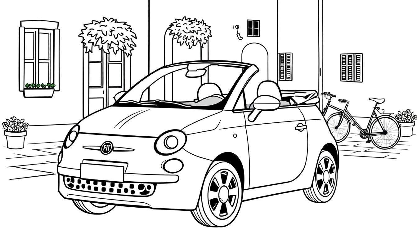Kleurplaat van een Fiat 500 cabriolet in een Italiaanse straat.