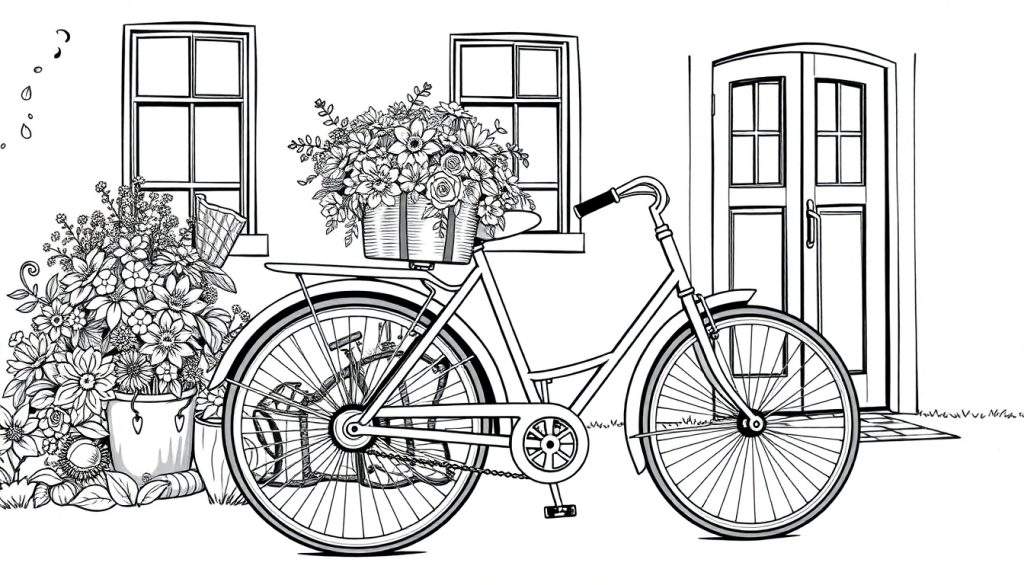 Een zwart-wit kleurplaat van een fiets met bloemenmandje voor een huis.