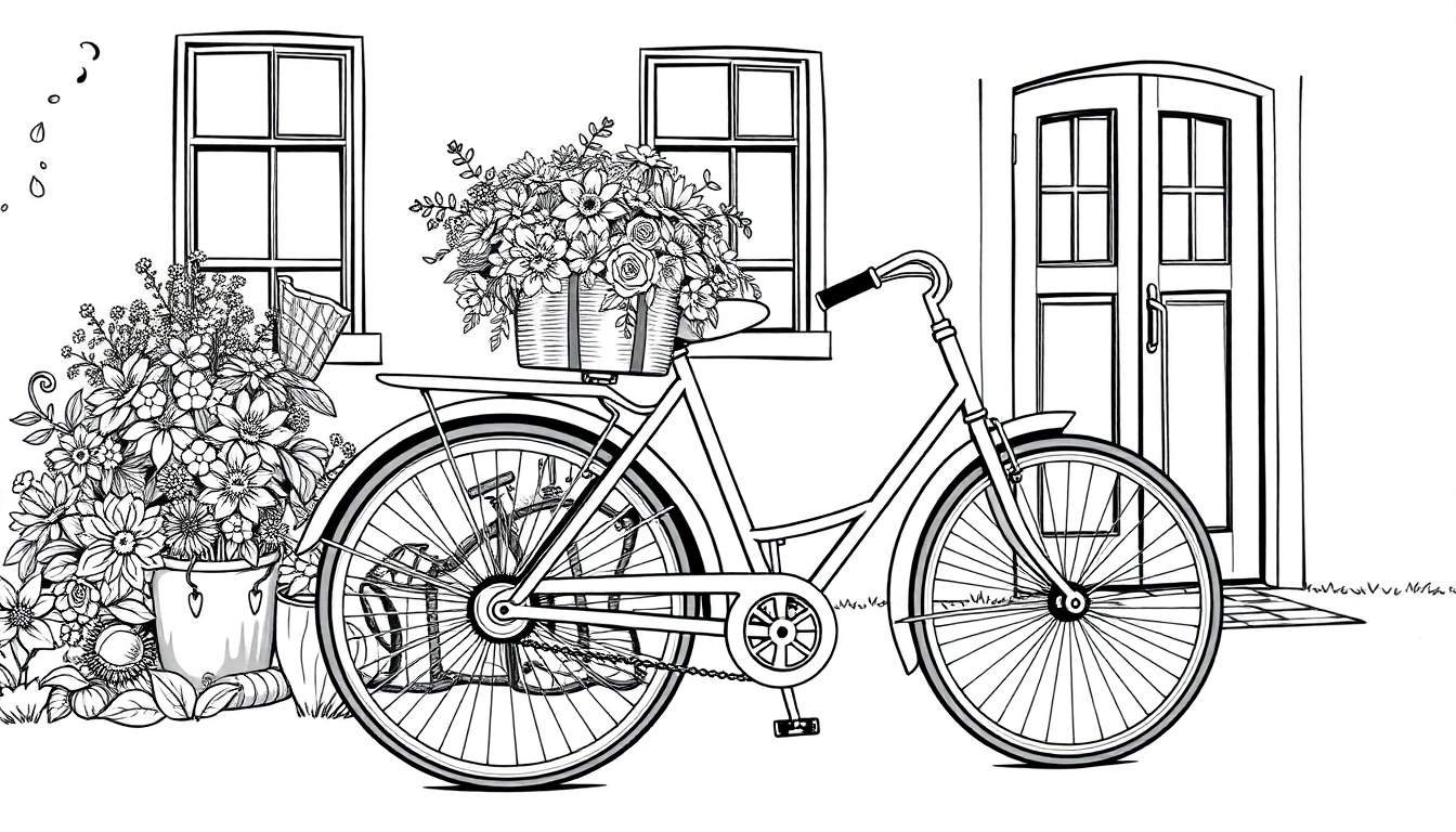 Een zwart-wit kleurplaat van een fiets met bloemenmandje voor een huis.
